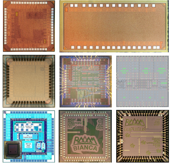 Microphotographs of Silicon Implementations of RAAAM™’s GCRAM Technology in 16nm-180nm Processes